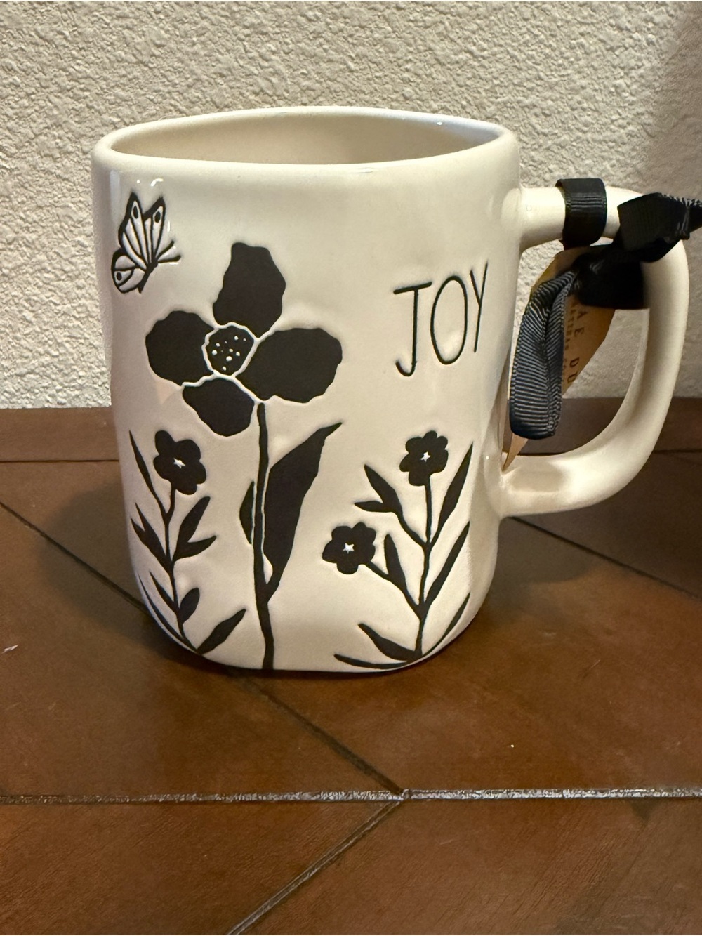 Rae Dunn White Ceramic Mug with Black Floral & Butterfly 🦋 Pattern- JOY- NWT